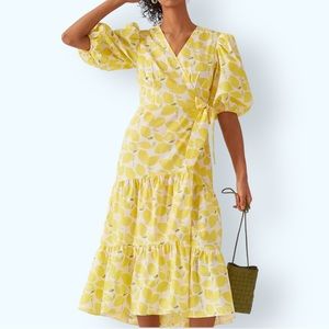 New Hutch x Anthropologie V-Neck Tiered Lemon Wrap XS Yellow White V-Neck Midi